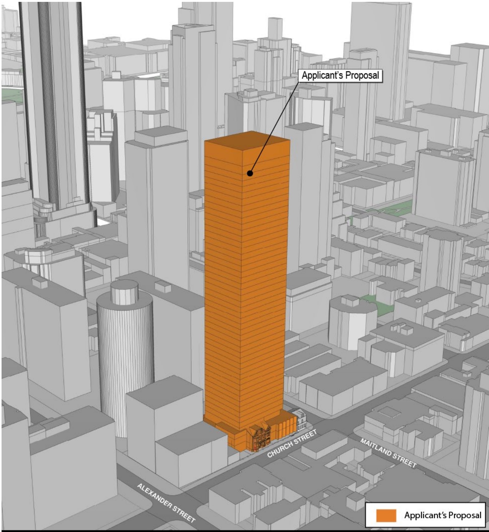 3D massing perspective of the proposed 48-storey tower at 506–516 Church Street, shown in context with surrounding buildings