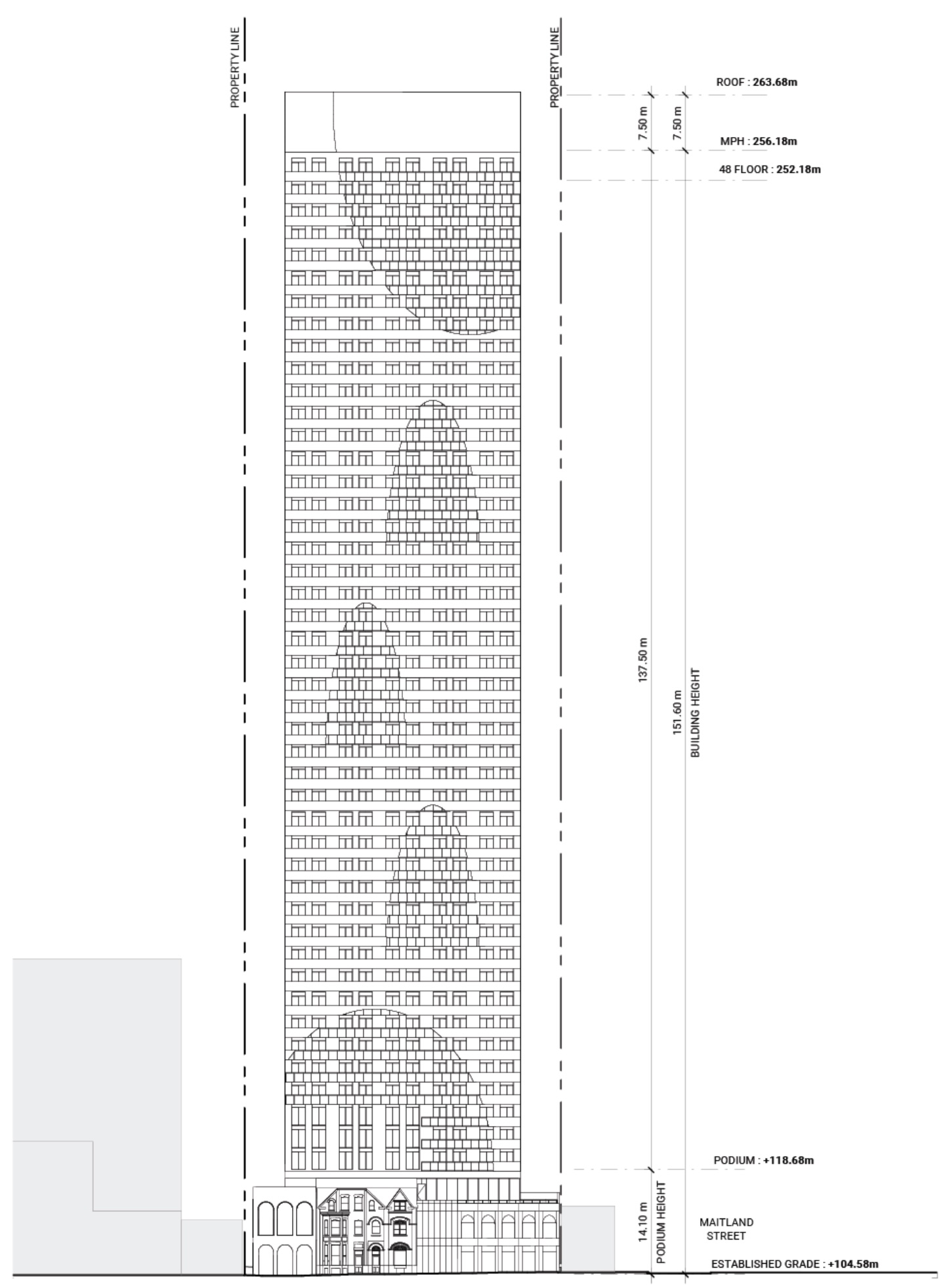 East elevation drawing of the proposed 48-storey tower showing building height of 151.60 metres and podium at 14.10 metres