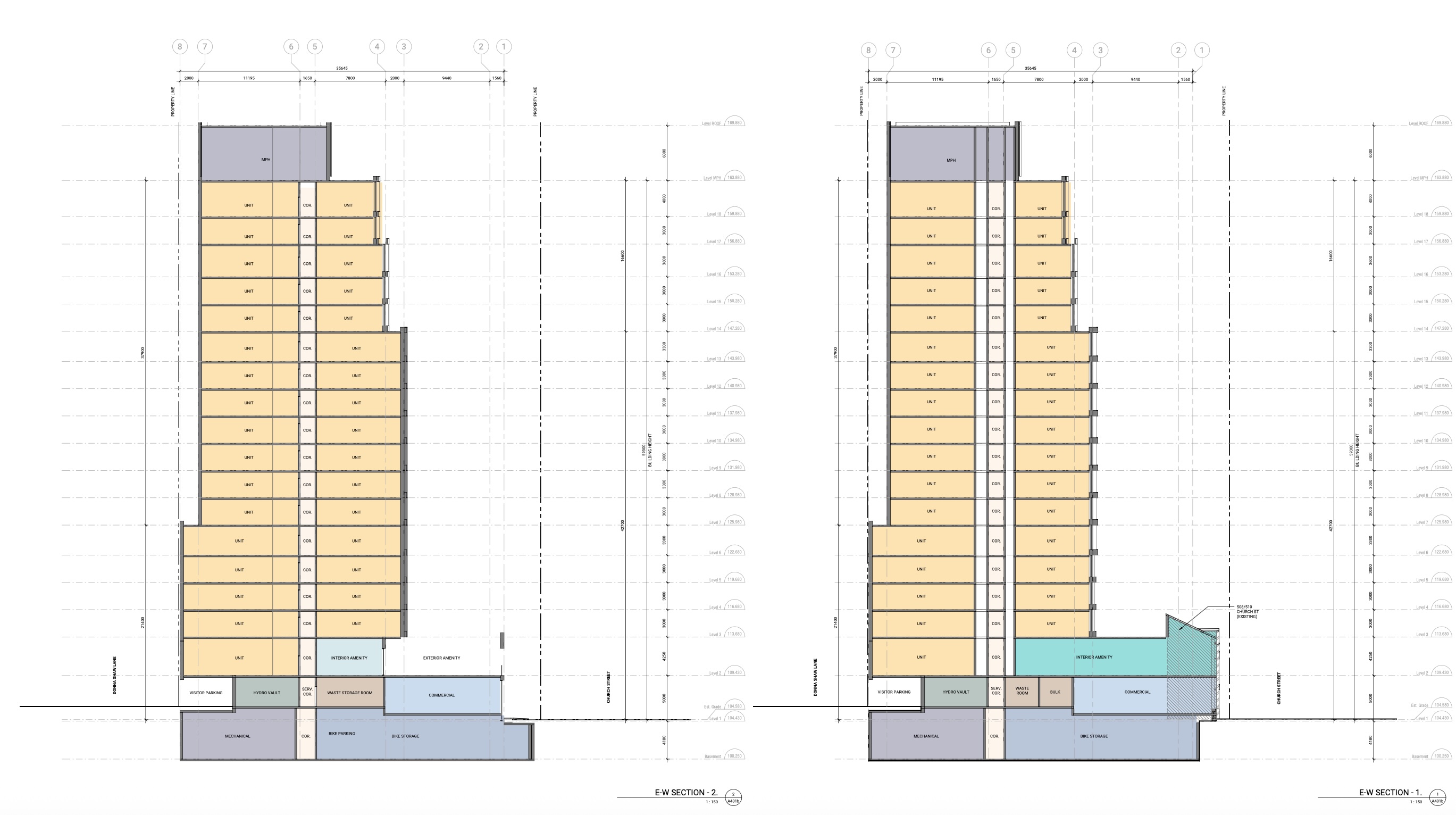 East-west building sections of the 18-storey settlement proposal showing residential units, amenity space, and parking levels