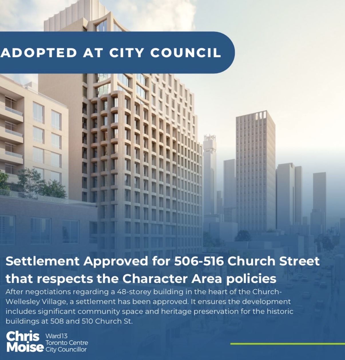 Announcement graphic showing the adopted settlement for 506–516 Church Street, featuring a rendering of the 18-storey building respecting Church Street Village character area policies