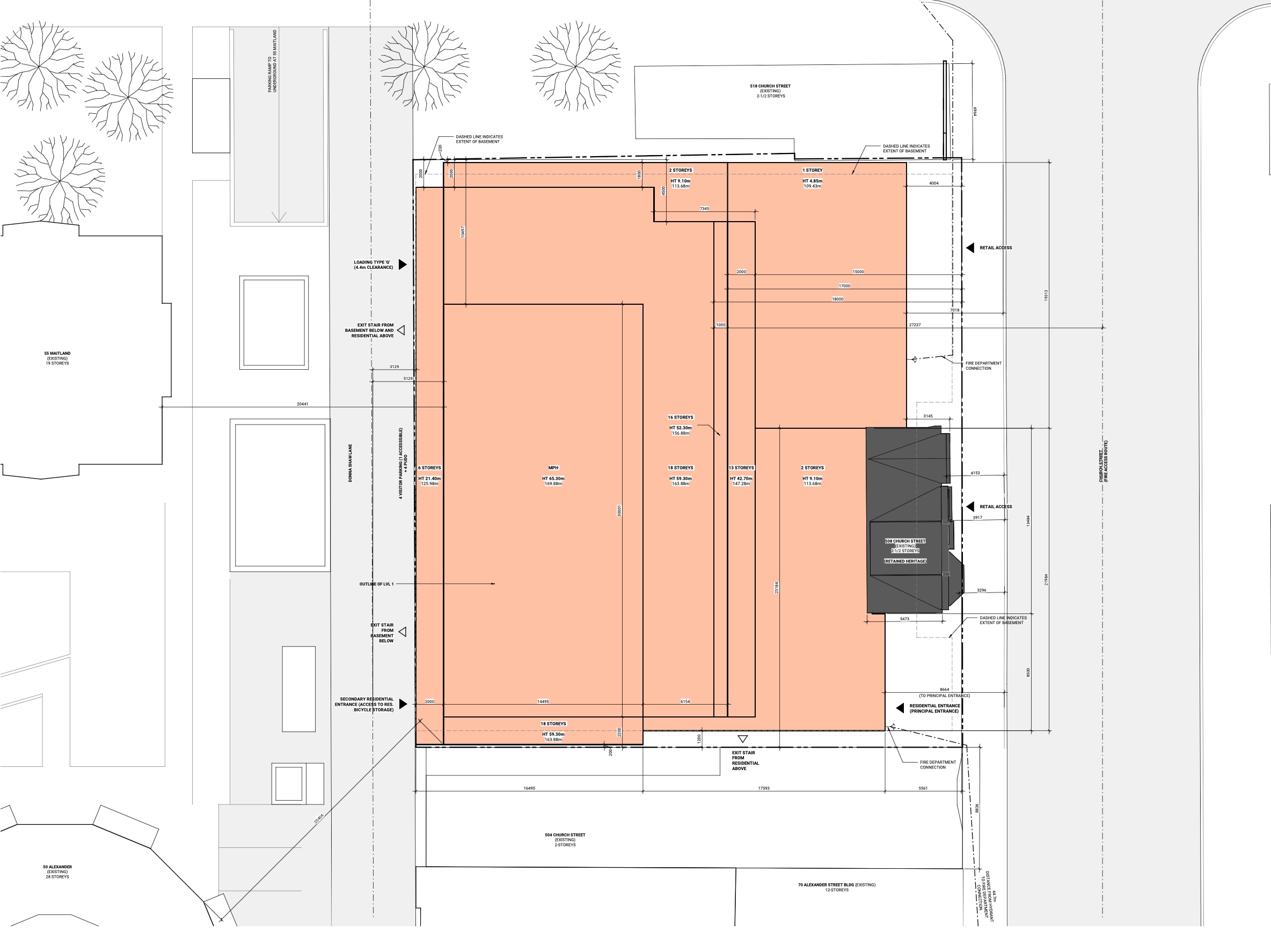 Site plan showing the settlement proposal building footprint, floor plate, and storey heights at 506–516 Church Street with setbacks from Church Street and Donna Shaw Lane